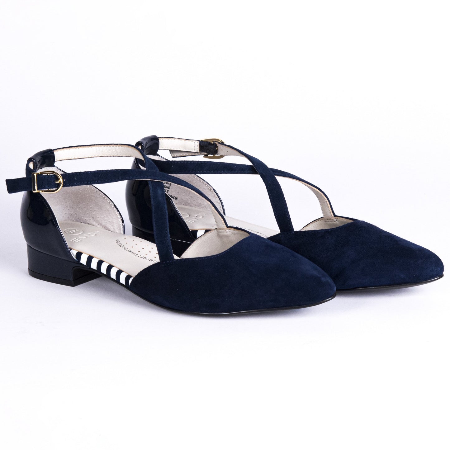Navy Color flat shoe, arch support, wide toe, comfortable work shoe, shoes for office